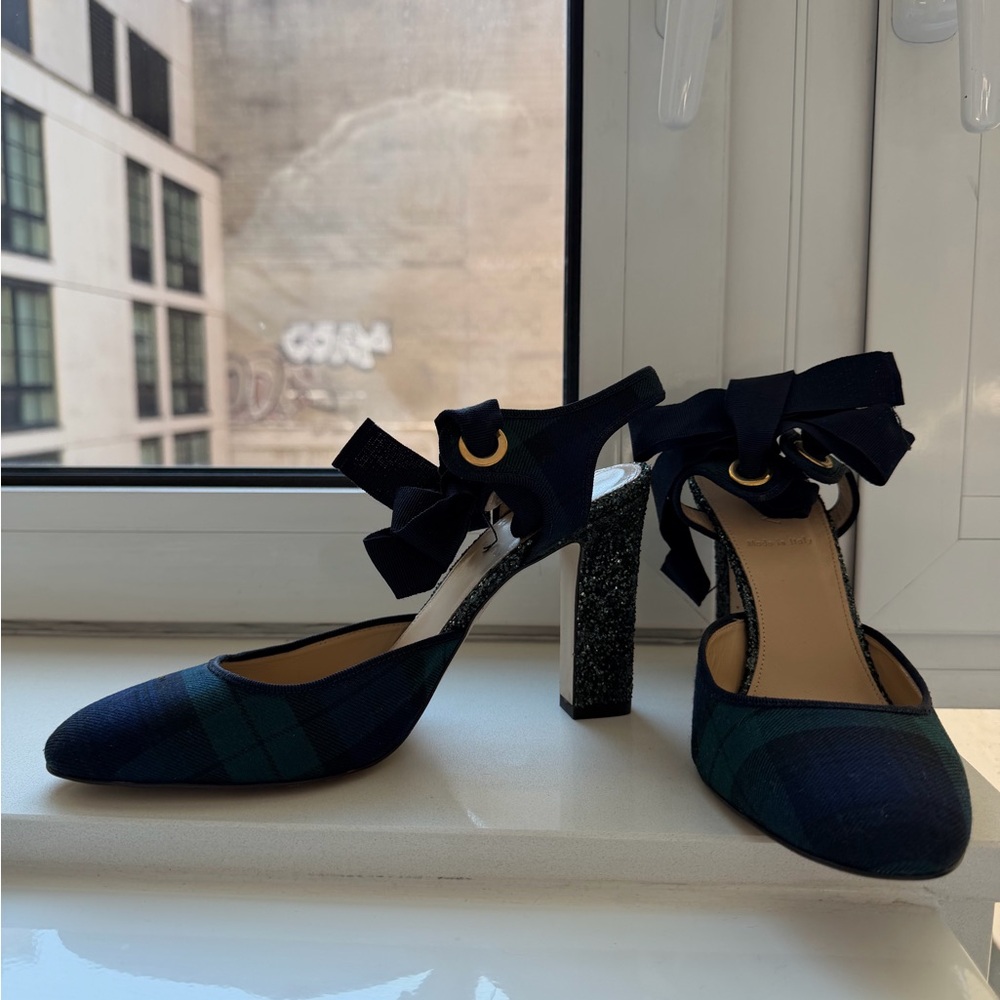 J. CREW Navy and Green Plaid Heels with Bow